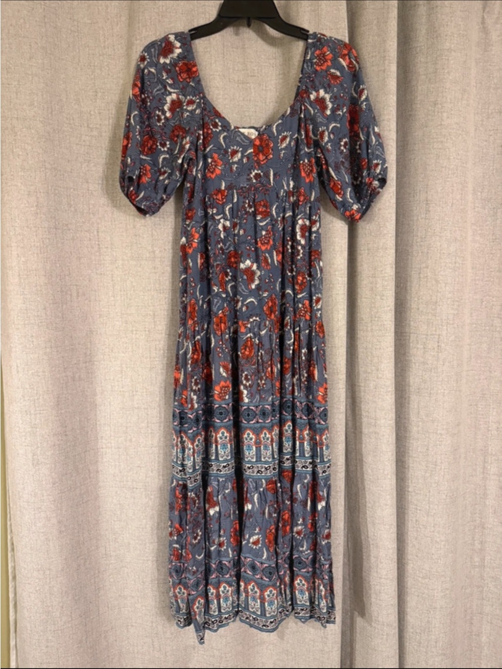 Knox Rose Blue Floral Puff-Sleeve Maxi Dress with Red Accents
